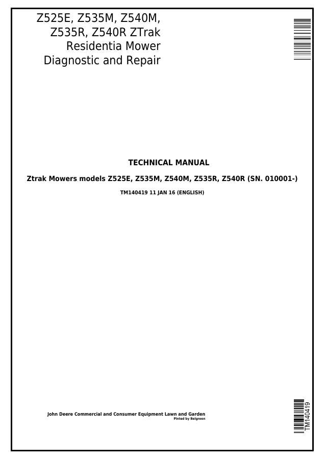 John Deere Z525E, Z535M, Z540M, Z535R, Z540R ZTrak Riding Mower Technical Manual TM140419 — actual manual cover