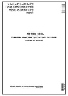 John Deere Z625, Z645, Z655, Z665 EZtrak Residential Mower Diagnostic and Repair Technical Manual TM113119 — actual manual cover