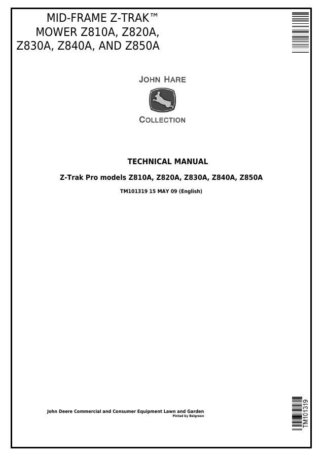 John Deere Z810A, Z820A, Z830A, Z840A, Z850A Zero-Turn Mower Technical Manual TM101319 — actual manual cover