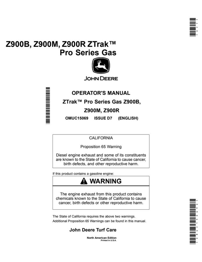 John Deere Z900B, Z900M, Z900R Gas Zero-turn mower Operator manual OMUC15069 — actual manual cover