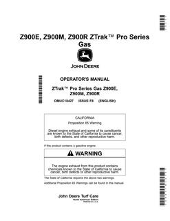 John Deere Z900E, Z900M, Z900R Gas Zero-turn mower Operator manual OMUC18427 — actual manual cover
