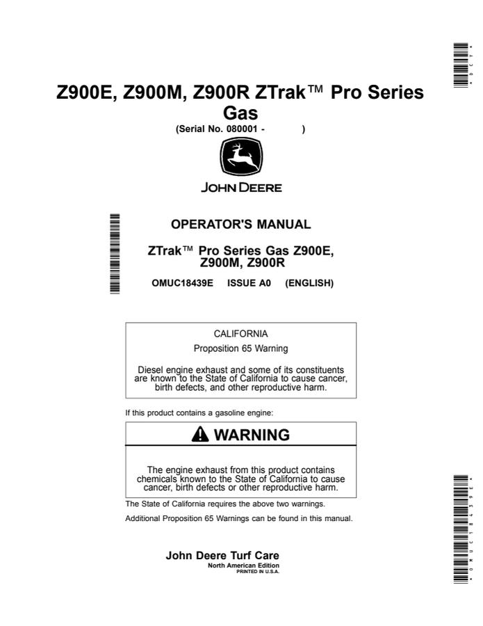 John Deere Z900E, Z900M, Z900R Gas Zero-turn mower Operator manual OMUC18439E — actual manual cover