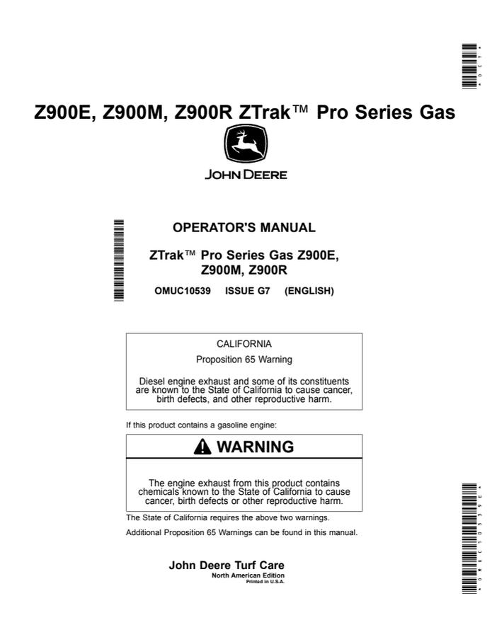 John Deere Z900E, Z900M, Z900R Zero-turn mower Operator manual OMUC10539 — actual manual cover