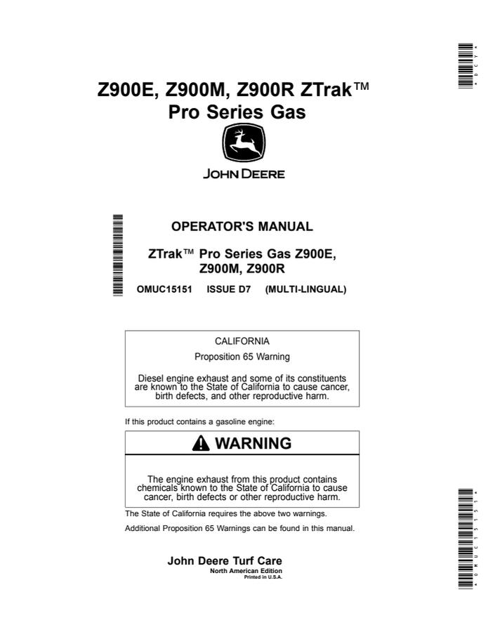 John Deere Z900E, Z900M, Z900R ZTrak Pro Series Gas Zero-turn mower Operator's manual OMUC15151 — actual manual cover
