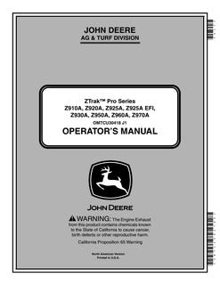John Deere Z910A, Z920A, Z925A, Z925A EFI, Z930A, Z950A, Z960A, Z970A Zero-turn mower Operator manual OMTCU30418 — actual manual cover