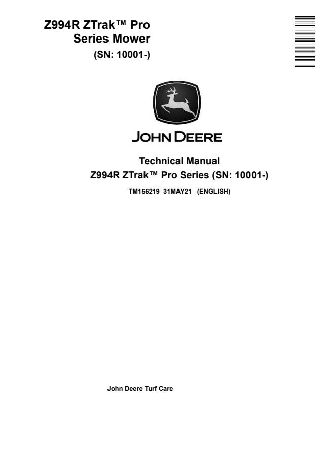 John Deere Z994R Mower Technical Manual TM156219 — actual manual cover