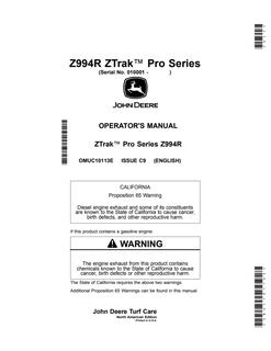 John Deere Z994R Zero-turn mower Operator manual OMUC10113E — actual manual cover