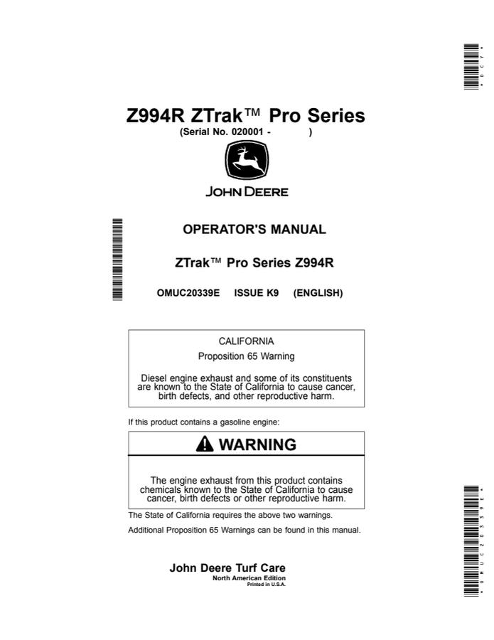 John Deere Z994R Zero-turn mower Operator manual OMUC20339E — actual manual cover