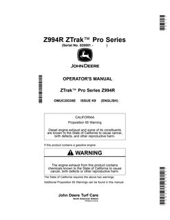 John Deere Z994R Zero-turn mower Operator manual OMUC20339E — actual manual cover