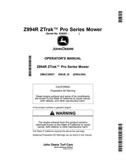 John Deere Z994R Zero-turn mower Operator manual OMUC28937 — actual manual cover