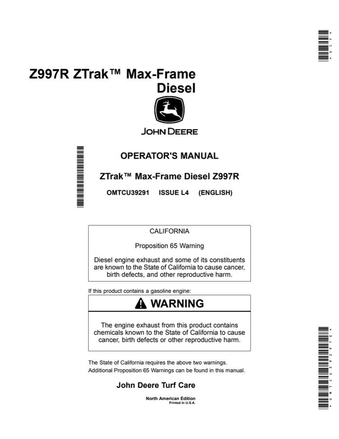 John Deere Z997R Zero-turn mower Operator manual OMTCU39291 — actual manual cover