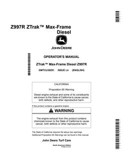 John Deere Z997R Zero-turn mower Operator manual OMTCU39291 — actual manual cover