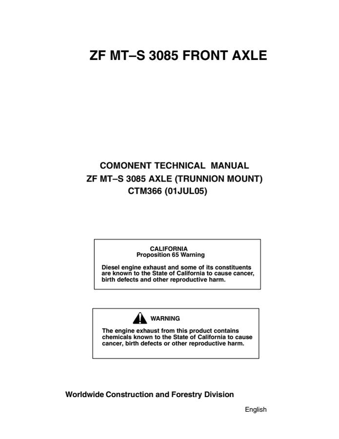 John Deere ZF MT-S 3085 Front axle Component technical manual CTM366 — actual manual cover