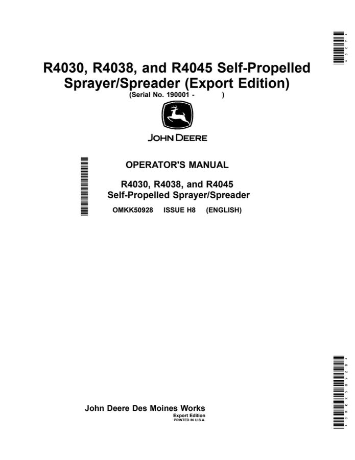 R4030, R4038 and R4045 Self-Propelled Sprayer/Spreader Operator Manual — actual manual cover