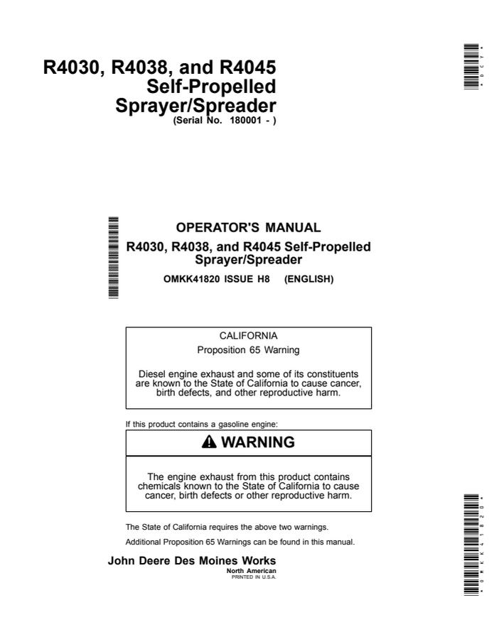 R4030, R4038 and R4045 Self-Propelled Sprayer/Spreader Operator Manual — actual manual cover