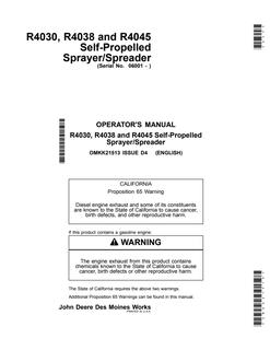 R4030, R4038 and R4045 Self-Propelled Sprayer/Spreader Operator Manual — actual manual cover