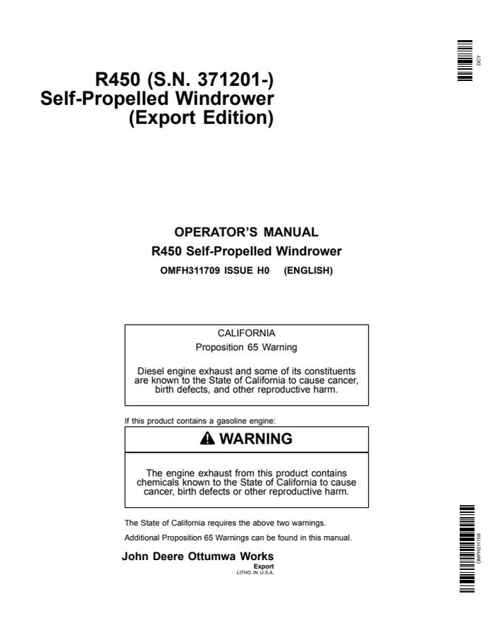 R450 Self-Propelled Windrower Operator Manual — actual manual cover