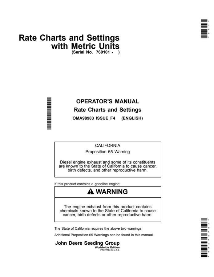 Rate Charts and Settings Operator Manual — actual manual cover