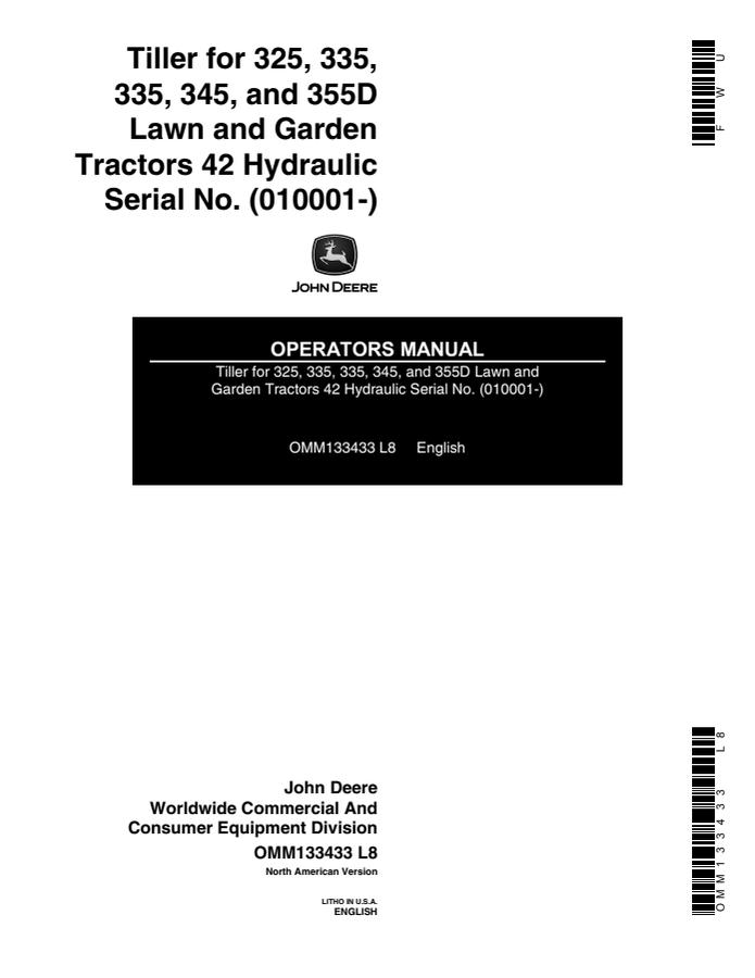 Tiller for 325, 335, 345, and 355D Lawn and Garden Tractors, 42 Hydraulic — actual manual cover