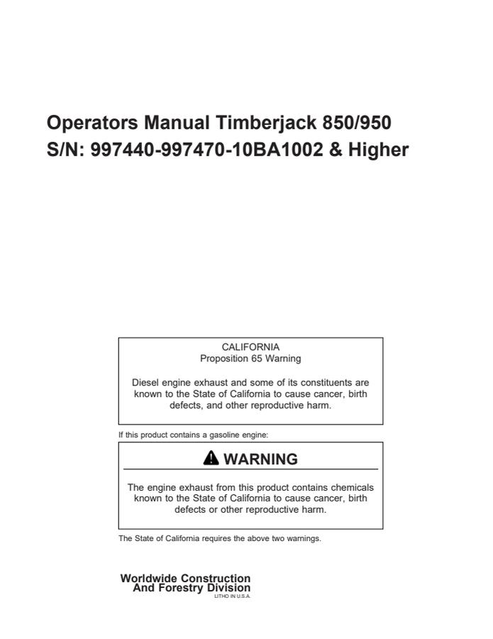 Timberjack 850/950 Feller Buncher — actual manual cover