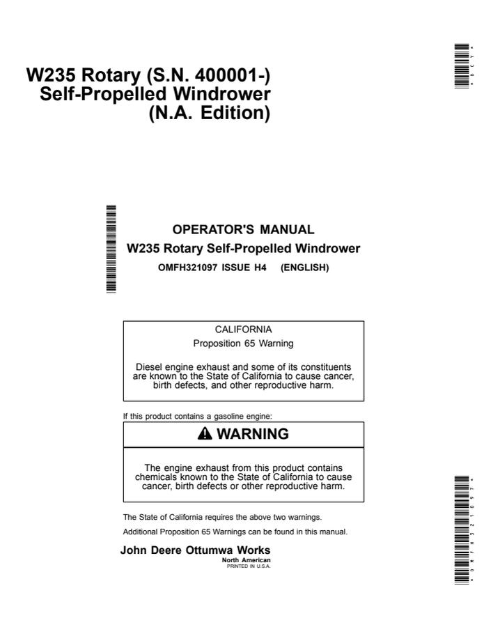 W235 Rotary Self-Propelled Windrower — actual manual cover