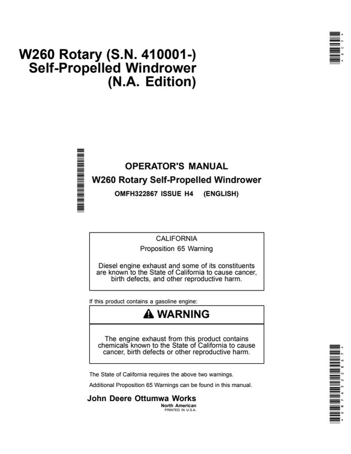 W260 Rotary Self-Propelled Windrower — actual manual cover