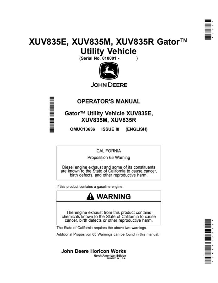 XUV835E, XUV835M and XUV835R Gator Utility Vehicle — actual manual cover
