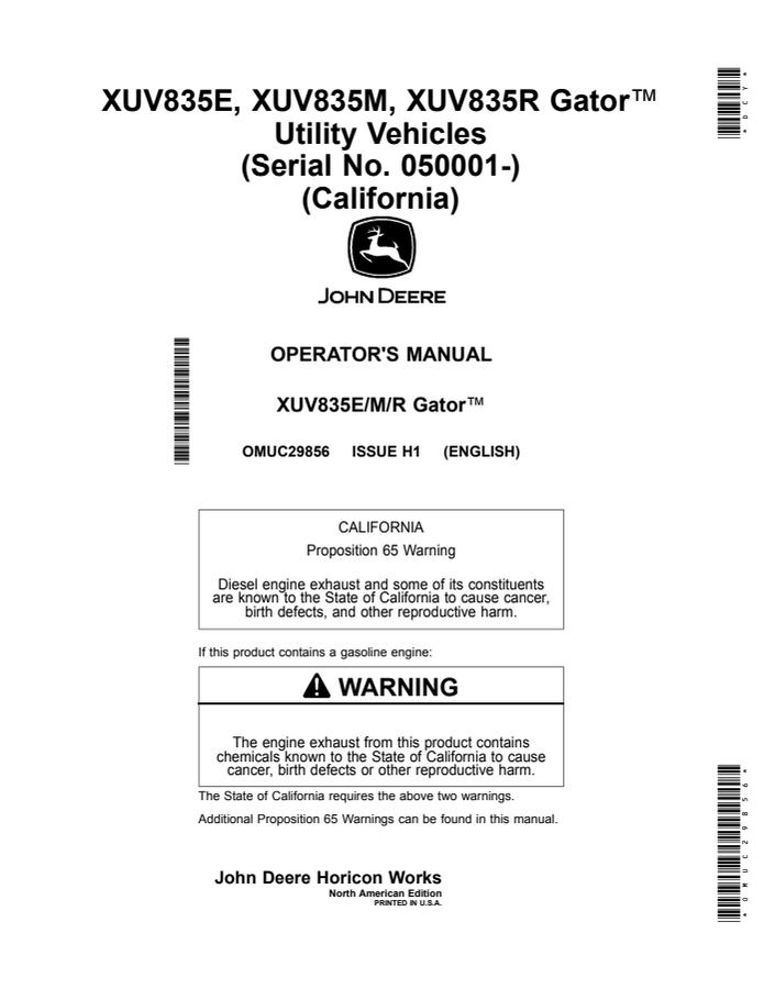 XUV835E, XUV835M and XUV835R Gator Utility Vehicles (California) — actual manual cover