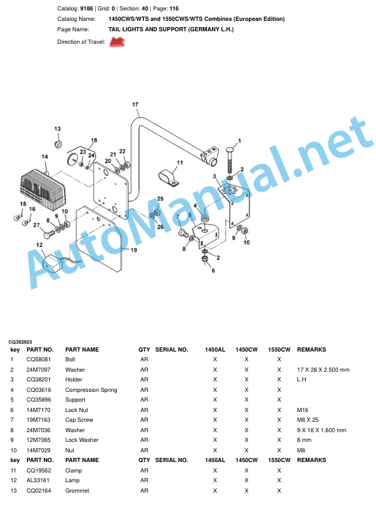 John Deere 1450CWS WTS and 1550CWS WTS Combines (European Edition) Parts Catalog 9186-2