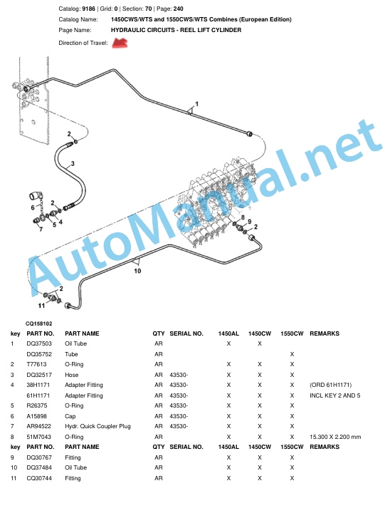 John Deere 1450CWS WTS and 1550CWS WTS Combines (European Edition) Parts Catalog 9186-3