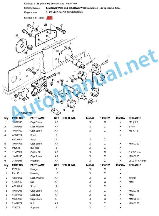 John Deere 1450CWS WTS and 1550CWS WTS Combines (European Edition) Parts Catalog 9186-5