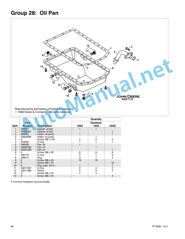 John Deere Engine Models4024TF281 4024HF285 4045HF275 285 4045TF270 280 5030HF285 Service Parts TP-6290 314g-4