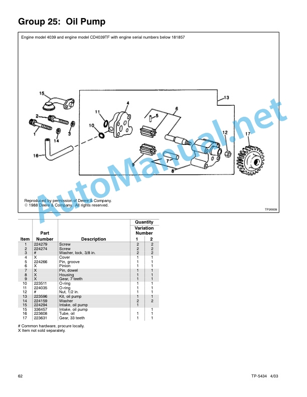 John Deere Engine ModelsTO4039D, 4039TL, CD4039DF, CD4039TF, 4045DF, 4045TF Service Parts TP-5434 403e-5