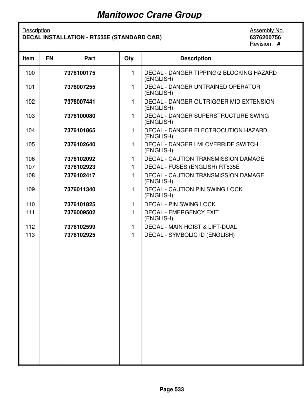 Grove RT530E-2 Crane Parts Manual 226913 2007-3