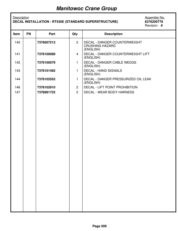 Grove RT530E-2 Crane Parts Manual 258099 2008-3