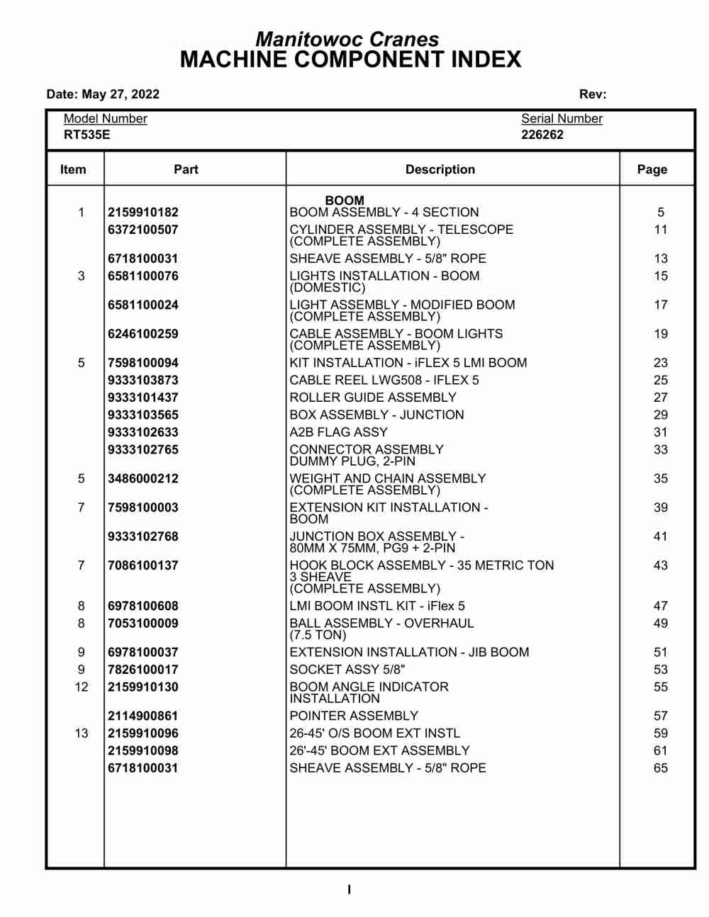 Grove RT535E Crane Parts Manual 226262 2022