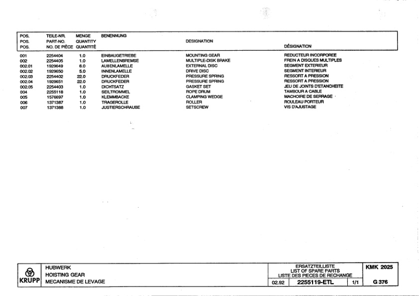 Krupp KMK 2025 Crane Spare Parts List 1992 DE EN FR-3