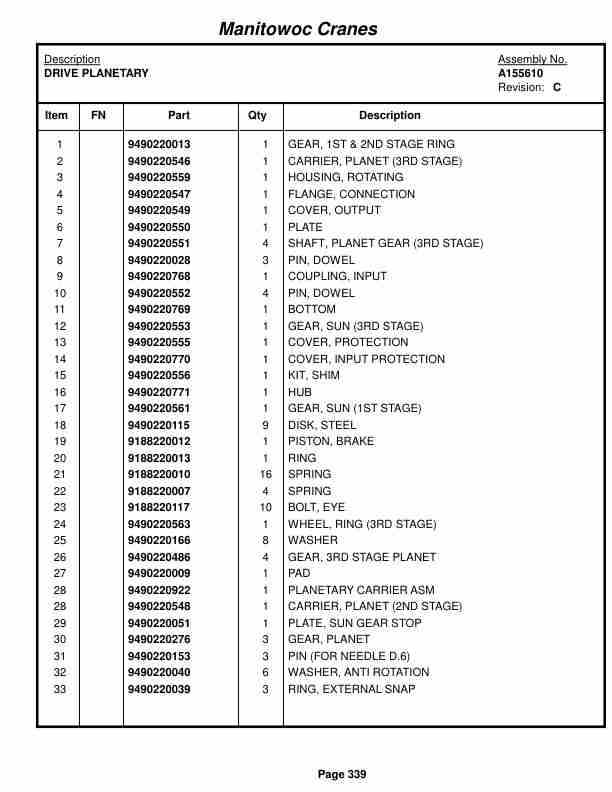 Manitowoc 999 Crane Parts Manual 9991391 2018-2