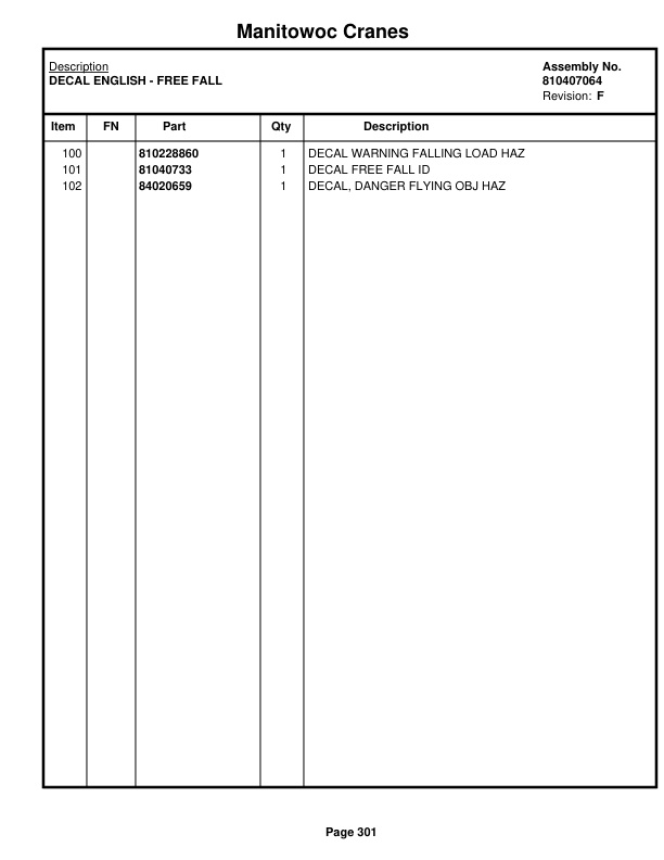 Manitowoc MLC165-1 Crane Parts Manual 91651111 2018-2