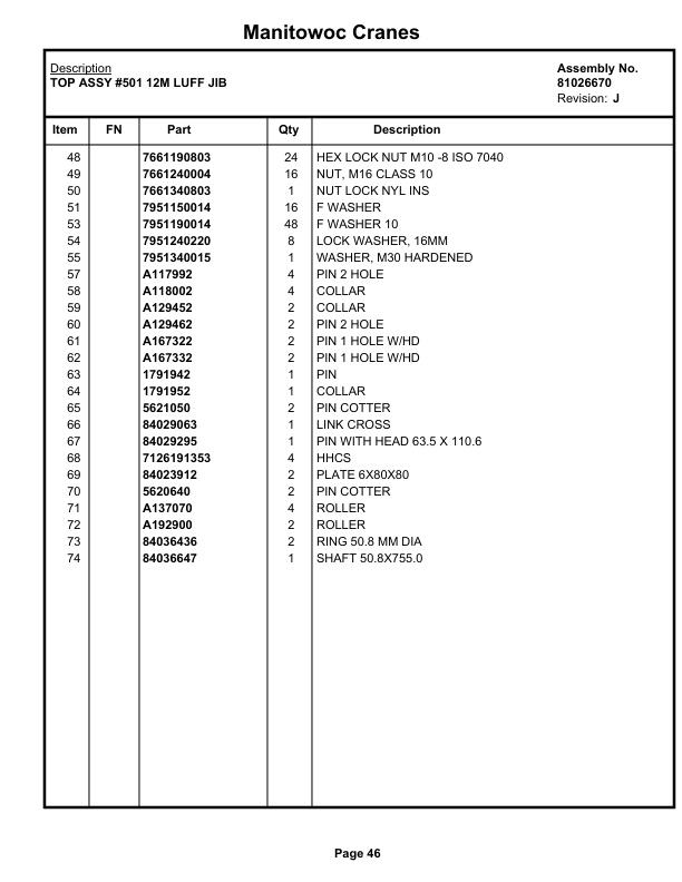 Manitowoc MLC300LJ Crane Parts Manual 3005051 2023-2