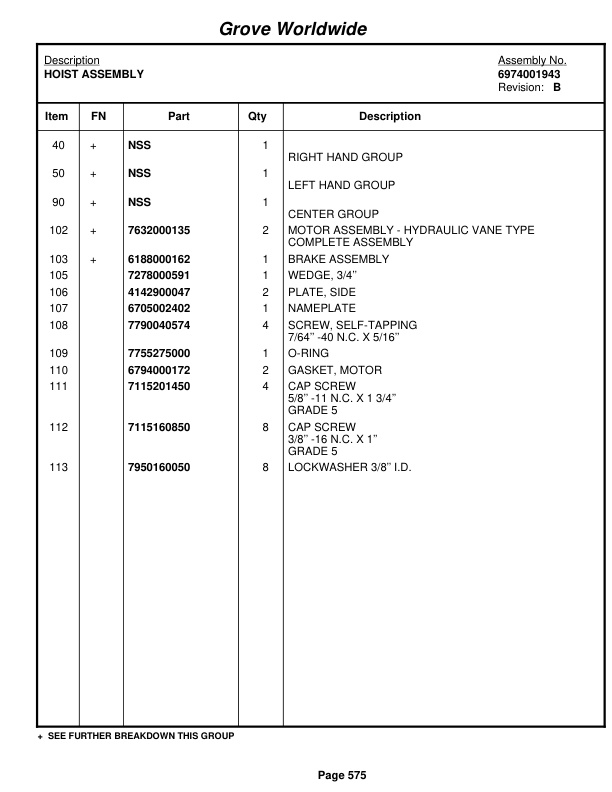 Grove RT635C Crane Parts Manual 86003 2003-2