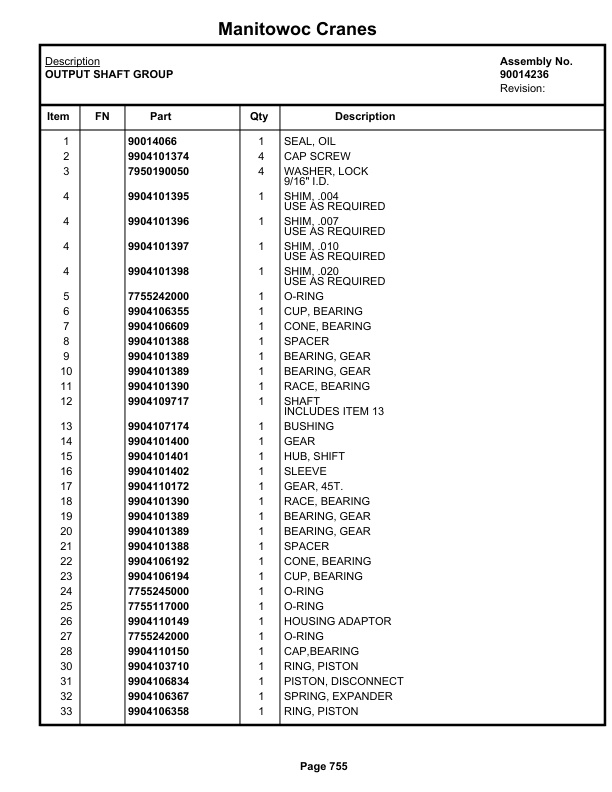 Grove RT765E-2 Crane Parts Manual 236232 2019-3