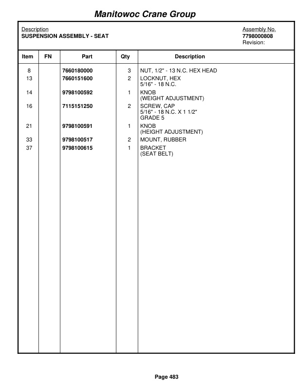 Grove RT875BXL Crane Parts Manual 223419 2007-2