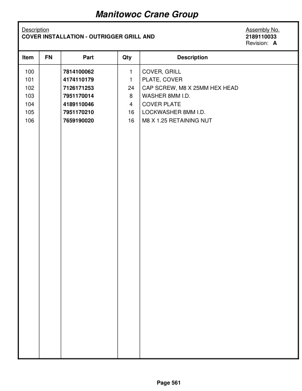 Grove RT875E Crane Parts Manual 224872 2005-3