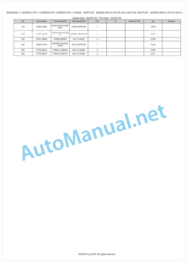 Kubota AE5500-3J-FR Parts Manual PDF BKIDK0354-5