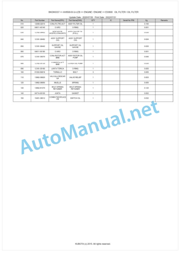 Kubota AV6500-B-3J-LEB Parts Manual PDF BKIDK0337-5