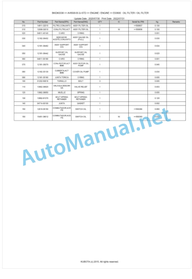 Kubota AV6500-B-3J-STD Parts Manual PDF BKIDK0338-5