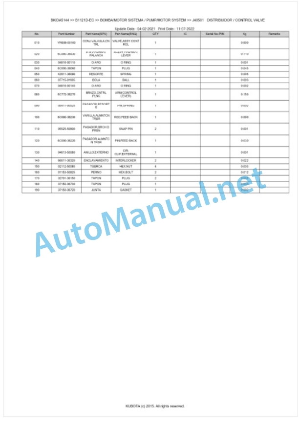 Kubota B1121D-EC Tractor Parts Manual PDF BKIDA5144-5