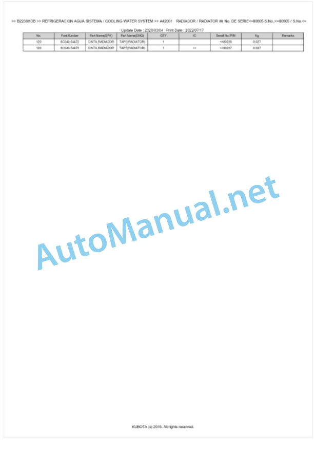 Kubota B2230HDB, B2530HDB Tractor Parts Manual PDF BKIDK0631-2