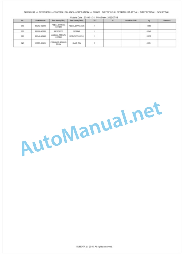 Kubota B2261HDB Tractor Parts Manual PDF BKIDK5196-4